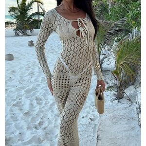 White Fox Something Special Long Sleeve Crochet Maxi Dress Cream